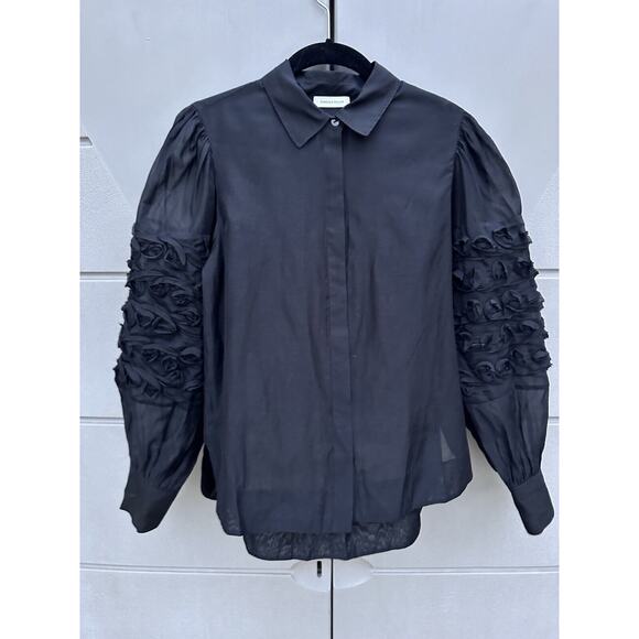 Rebecca Taylor $295 Women's Black Silk Ribbon Trim Sheer Button-Up Size S Luxury - Picture 4 of 16